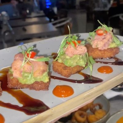 rooftop appetizer spicy tuna crispy rice at Cork & Batter | Restaurant Near SoFi Stadium and Kia Forum in Inglewood, CA